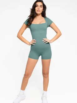 Shapewear Seamless Rib Square Neck Cap Sleeve Romper