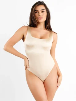 Shapewear Square Neck Smoothing Shine Thong Bodysuit