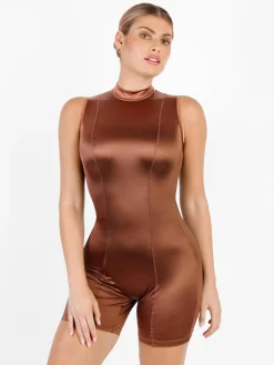 Shapewear Stretch Satin Mock Neck Sculpting Romper