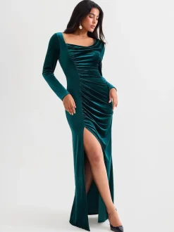 Velvet Draped Long Sleeve Sculpting Column Gown