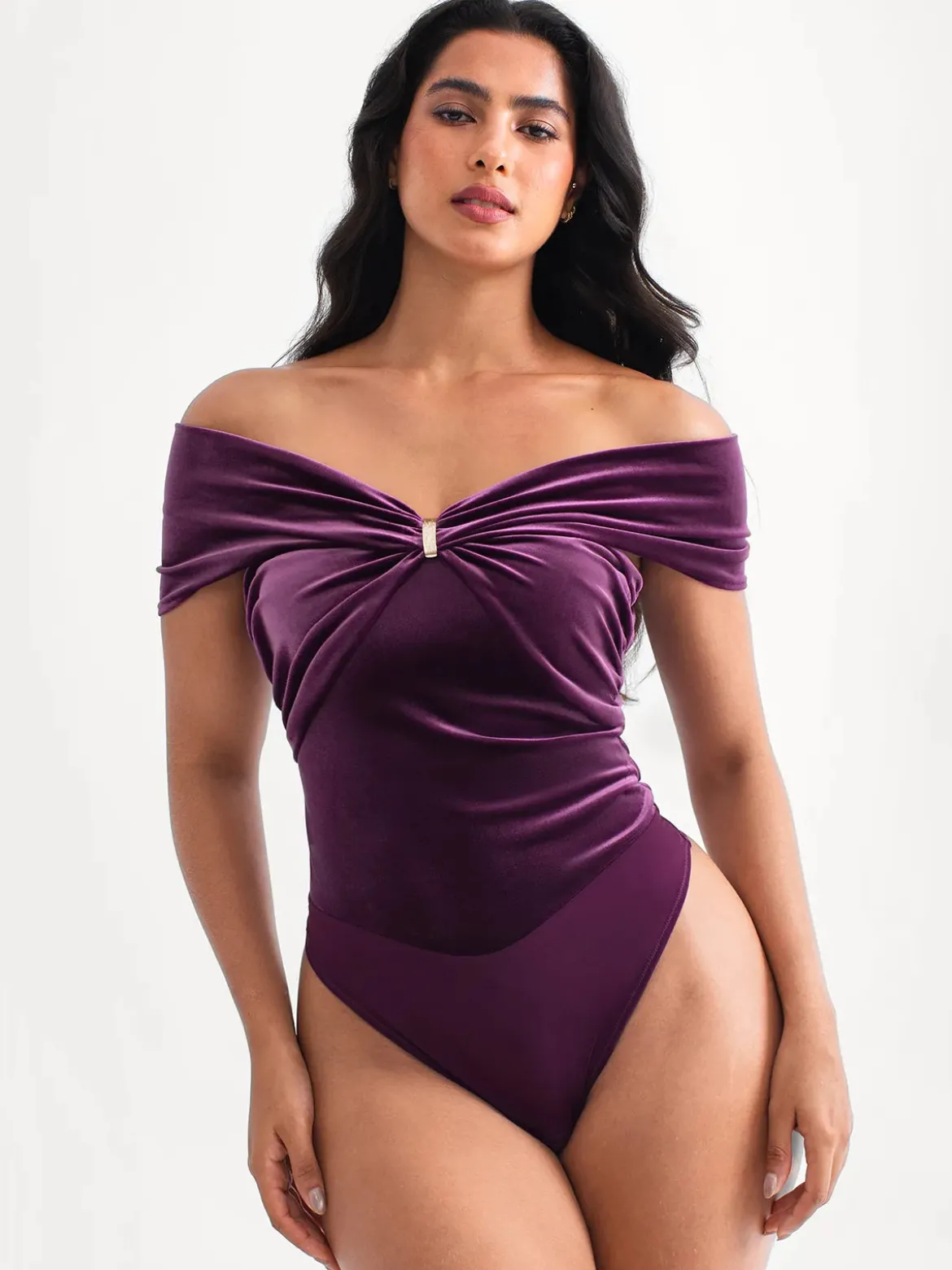 Velvet Twist Front Off-The Shoulder Sculpting Bodysuit